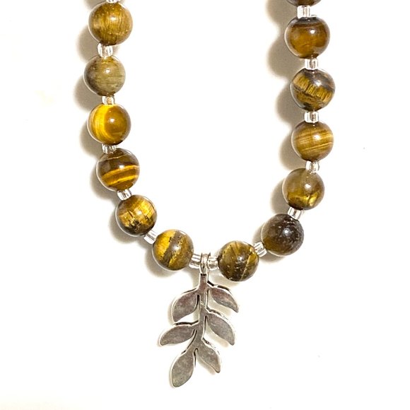 Tigers Eye Stone Silver Leaf Branch Necklace, Genuine Gemstone Beaded Necklace - Picture 5 of 10